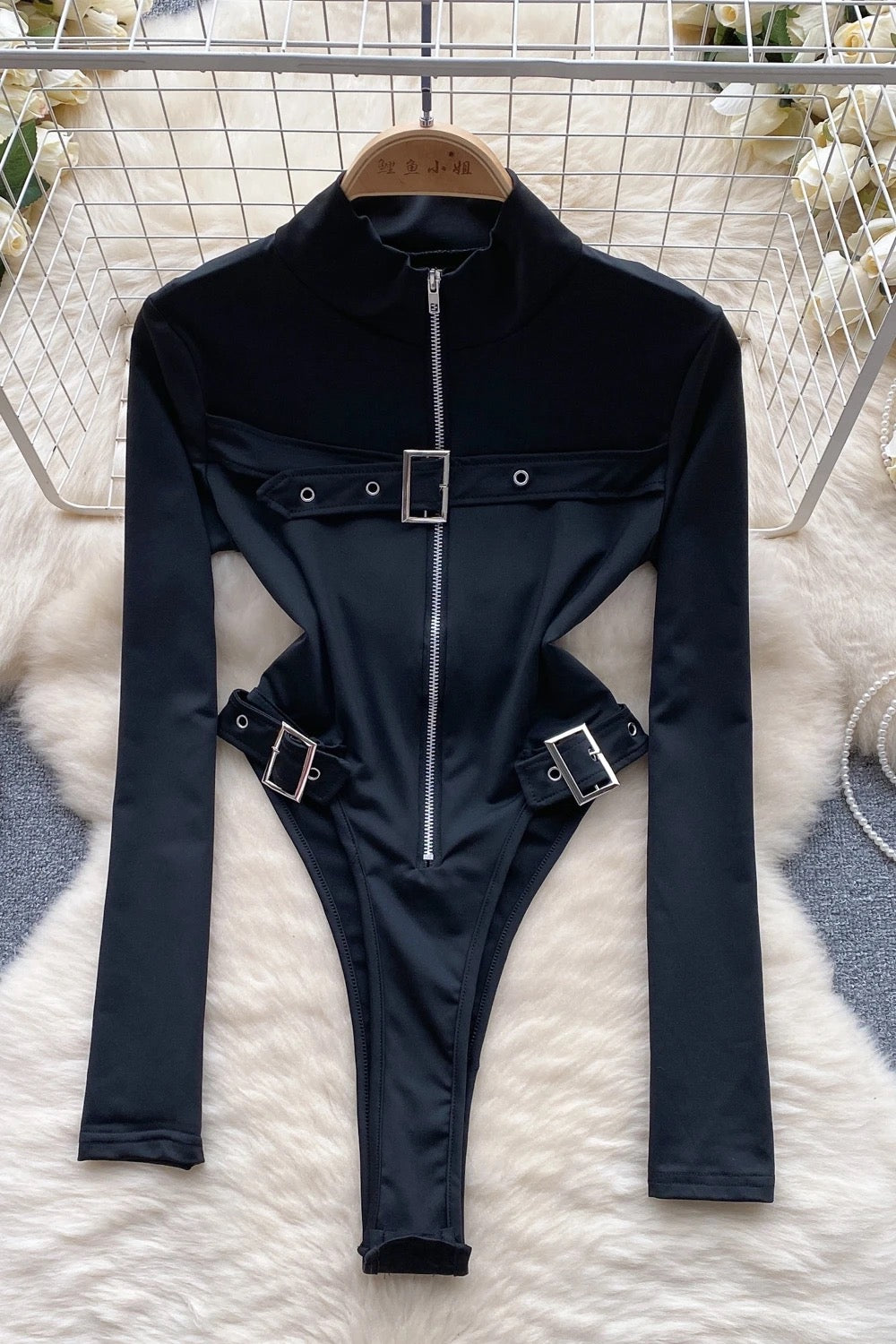 Body negru cu fermoar ‘Slim Fit’