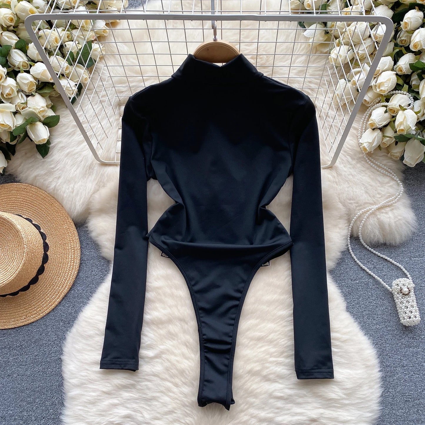 Body negru cu fermoar ‘Slim Fit’
