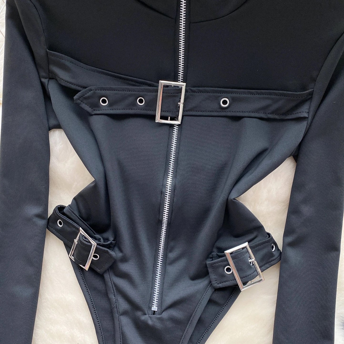 Body negru cu fermoar ‘Slim Fit’