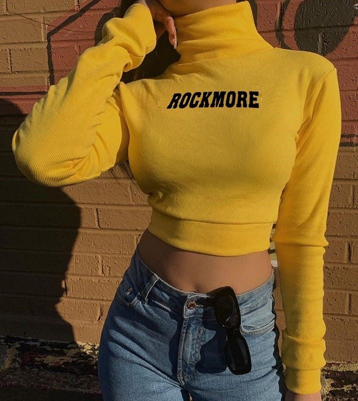'ROCKMORE YELLOW' TOP - Maleta crop galbena cu maneca lunga si mesaj