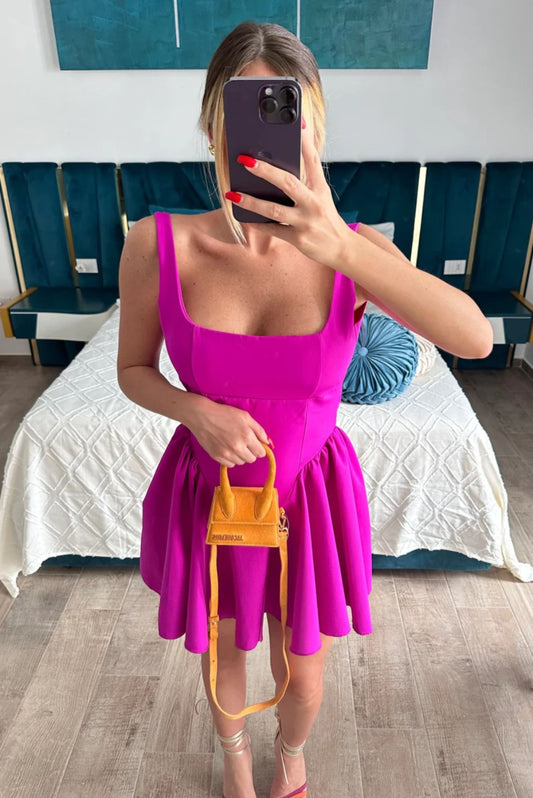 Rochie Fucsia 'Cute Angel' - Rochie scurta de ocazie fucsia cu spatele gol si detaliu cu fundita