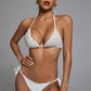 Costum de baie 'White Pearls' alb din doua piese cu perle aplicate si slip brazilian