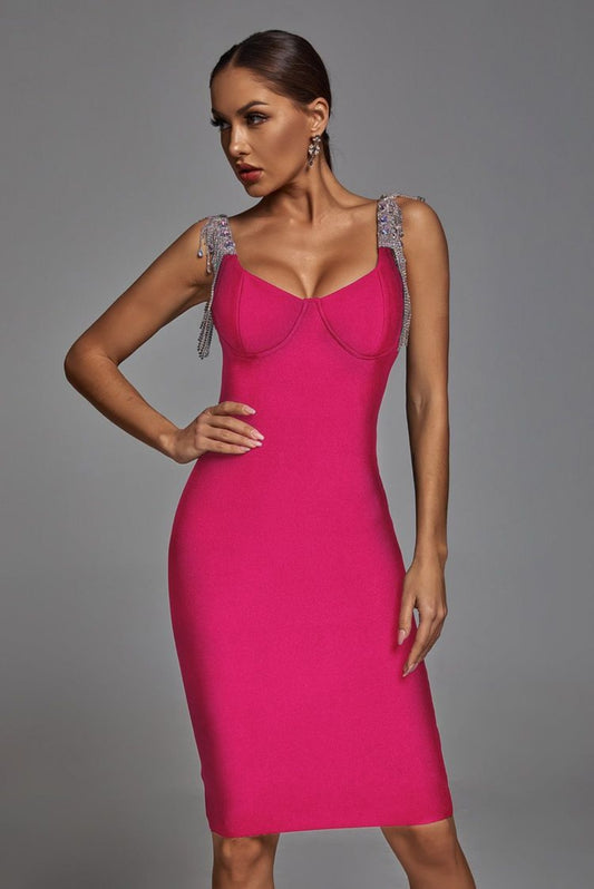 ROCHIE 'PINK MAMACITA' - Rochie midi roz cu cristale pe bretele