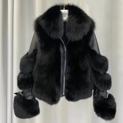Jacheta 'Cold Ready' Neagra - Geaca dama din blana artificiala si detalii piele ecologica neagra