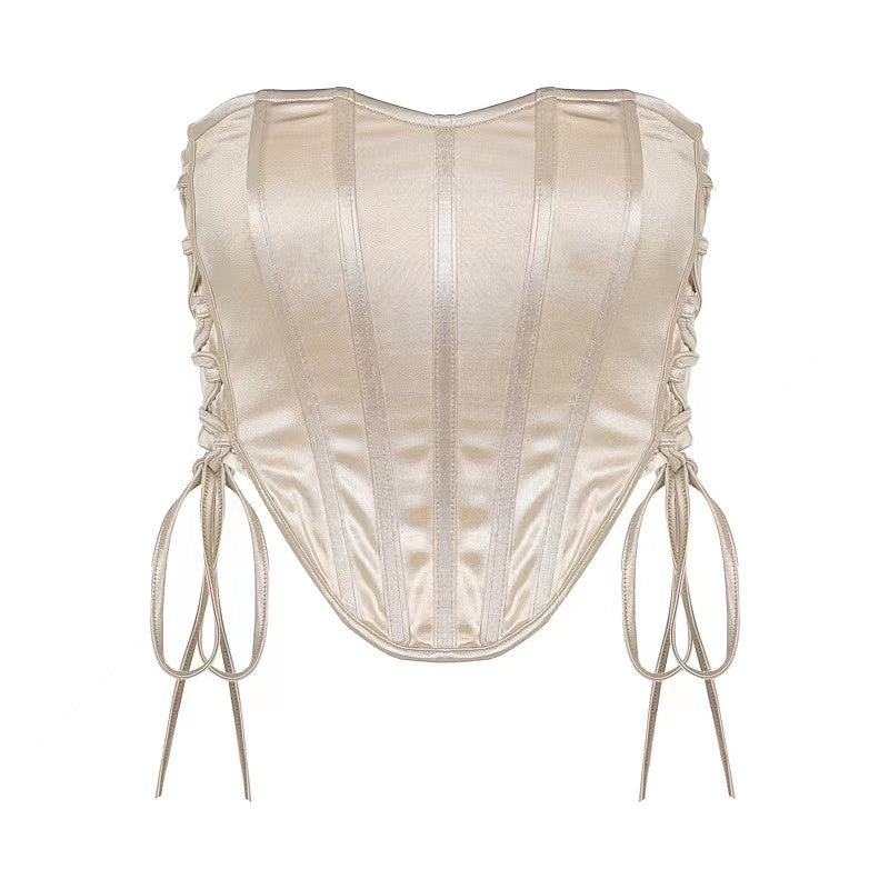Corset 'Honey B' Beige - Corset top satinat cu snururi bej