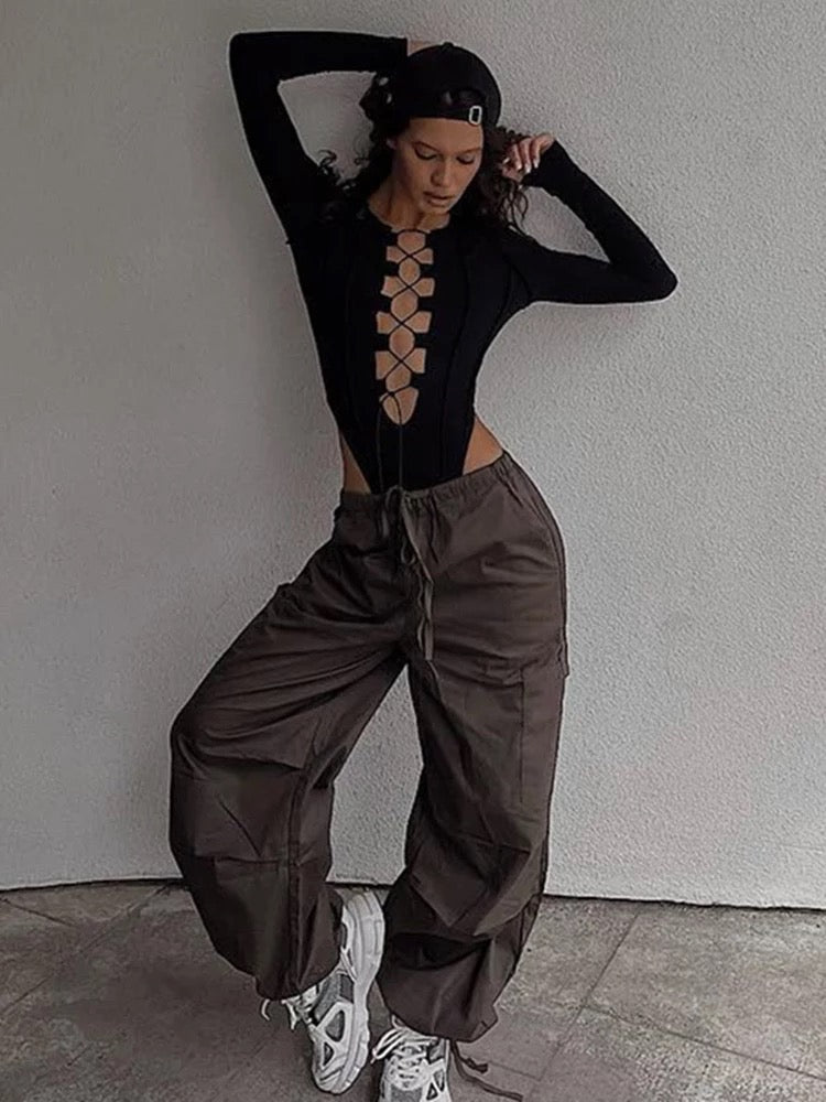 Body ' Juliet' Negru - Body dama cu maneca lunga decupat cu snururi negru