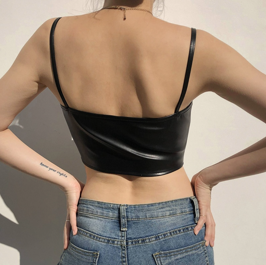 CORSET 'LEATHER QUEEN' - Corset top negru din piele cu inchidere in fata