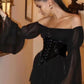 Rochie 'Black Wave' - Rochie de vara, cu corset si maneci lejere, neagra