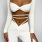 Compleu 'Cosy Babe' Alb - Compleu dama alb din doua piese crop top cu maneca lunga si pantaloni evazati cu snururi
