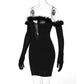 Rochie 'Little Black Dress' - Rochie neagra cu detalii din puf si manusi detasabile