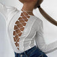 Body 'Juliet' Alb - Body dama cu maneca lunga decupat cu snururi alb