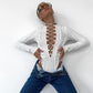 Body 'Juliet' Alb - Body dama cu maneca lunga decupat cu snururi alb
