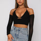 Top ‘Obsessed’ Negru - Crop top negru cu maneci plasa si umeri goi