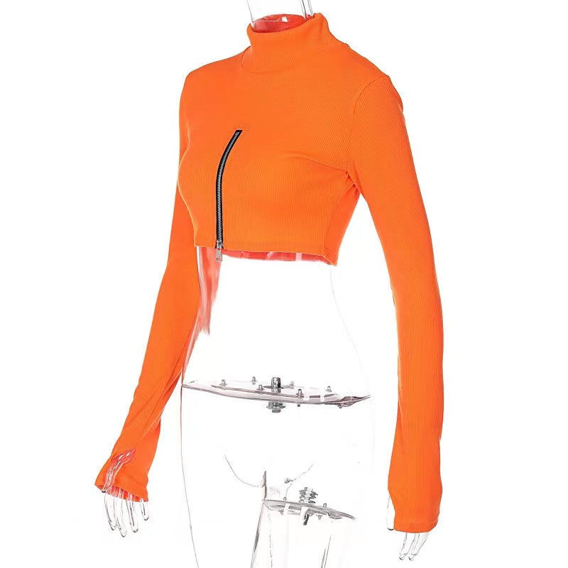 TOP 'ORANGE B' - Crop top portocaliu cu fermoar in fata