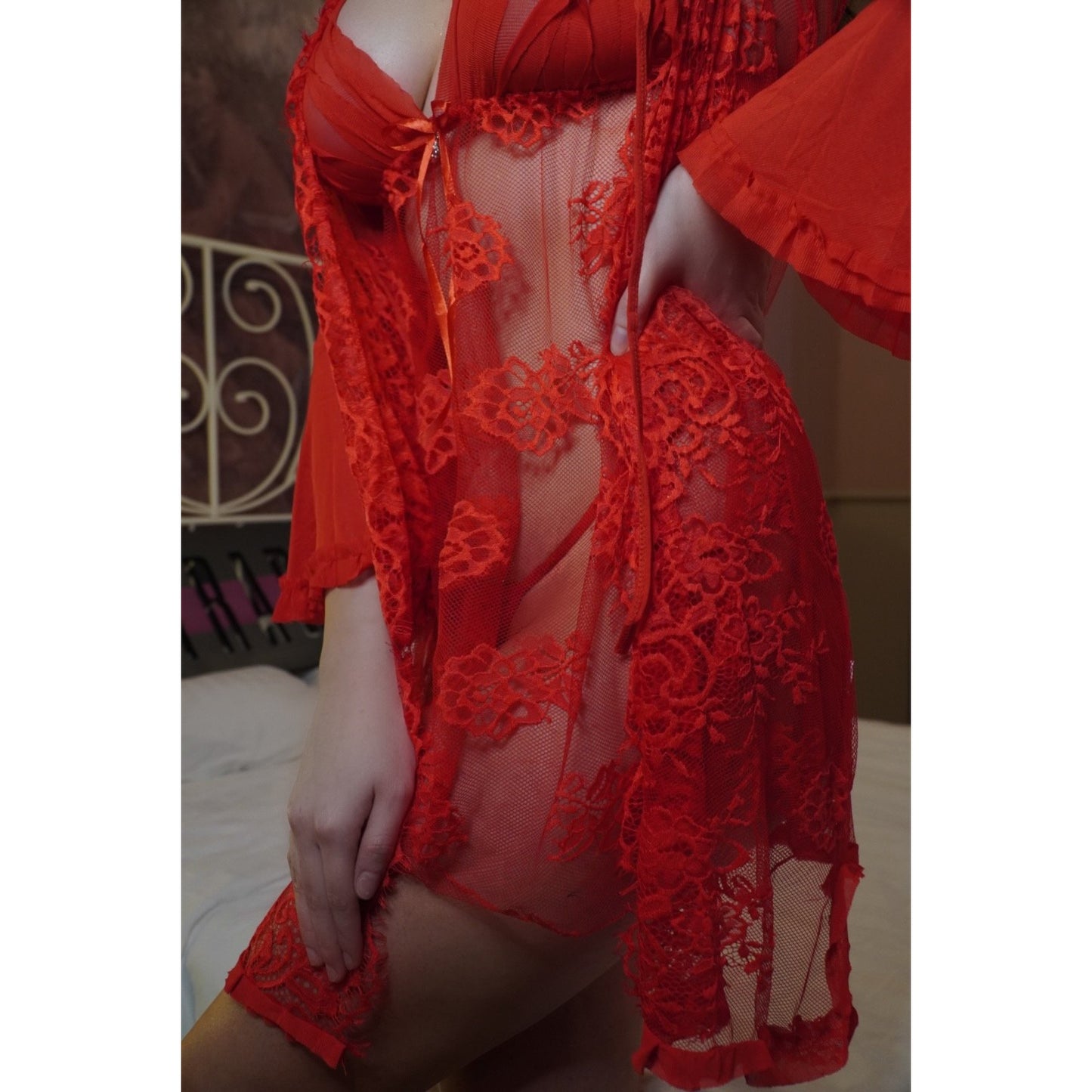 LENJERIE 'RED PASSION' -  Set lenjerie intima rosie 3 piese neglijeu+halat+slip