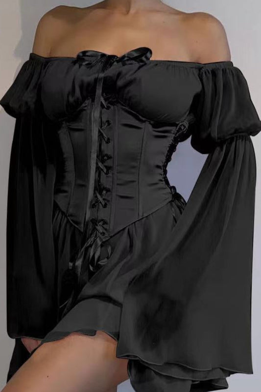 Rochie 'Black Wave' - Rochie de vara, cu corset si maneci lejere, neagra