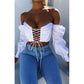 WHITE LACE UP TOP - Crop top cu maneci bufante si detaliu snur