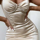 ROCHIE 'BEIGE CRYSTAL' - Rochie mini nude din satin cu cupe si detalii din pietre