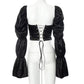 CORSET 'BEAUTY' BLACK - Corset top negru aspect satinat cu maneci bufante