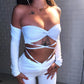 Compleu 'Cosy Babe' Alb - Compleu dama alb din doua piese crop top cu maneca lunga si pantaloni evazati cu snururi