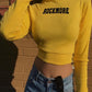 'ROCKMORE YELLOW' TOP - Maleta crop galbena cu maneca lunga si mesaj