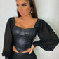 CORSET 'DOLL UP' BLACK - Corset top din piele negru cu maneci bufante