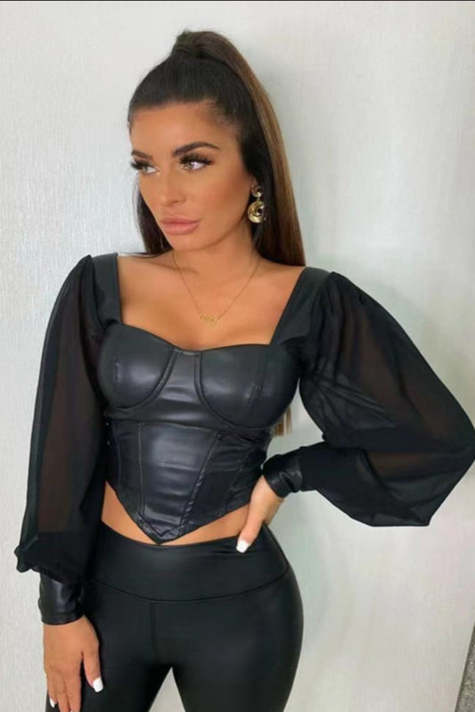 CORSET 'DOLL UP' BLACK - Corset top din piele negru cu maneci bufante