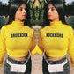 'ROCKMORE YELLOW' TOP - Maleta crop galbena cu maneca lunga si mesaj