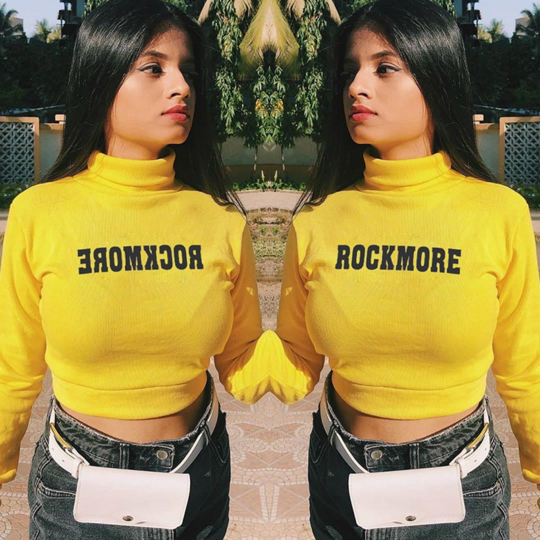 'ROCKMORE YELLOW' TOP - Maleta crop galbena cu maneca lunga si mesaj