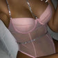 BODYSUIT 'BODYCHAIN' PINK - Body dama plasa roz cu bretele din pietre