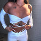 Compleu 'Cosy Babe' Alb - Compleu dama alb din doua piese crop top cu maneca lunga si pantaloni evazati cu snururi