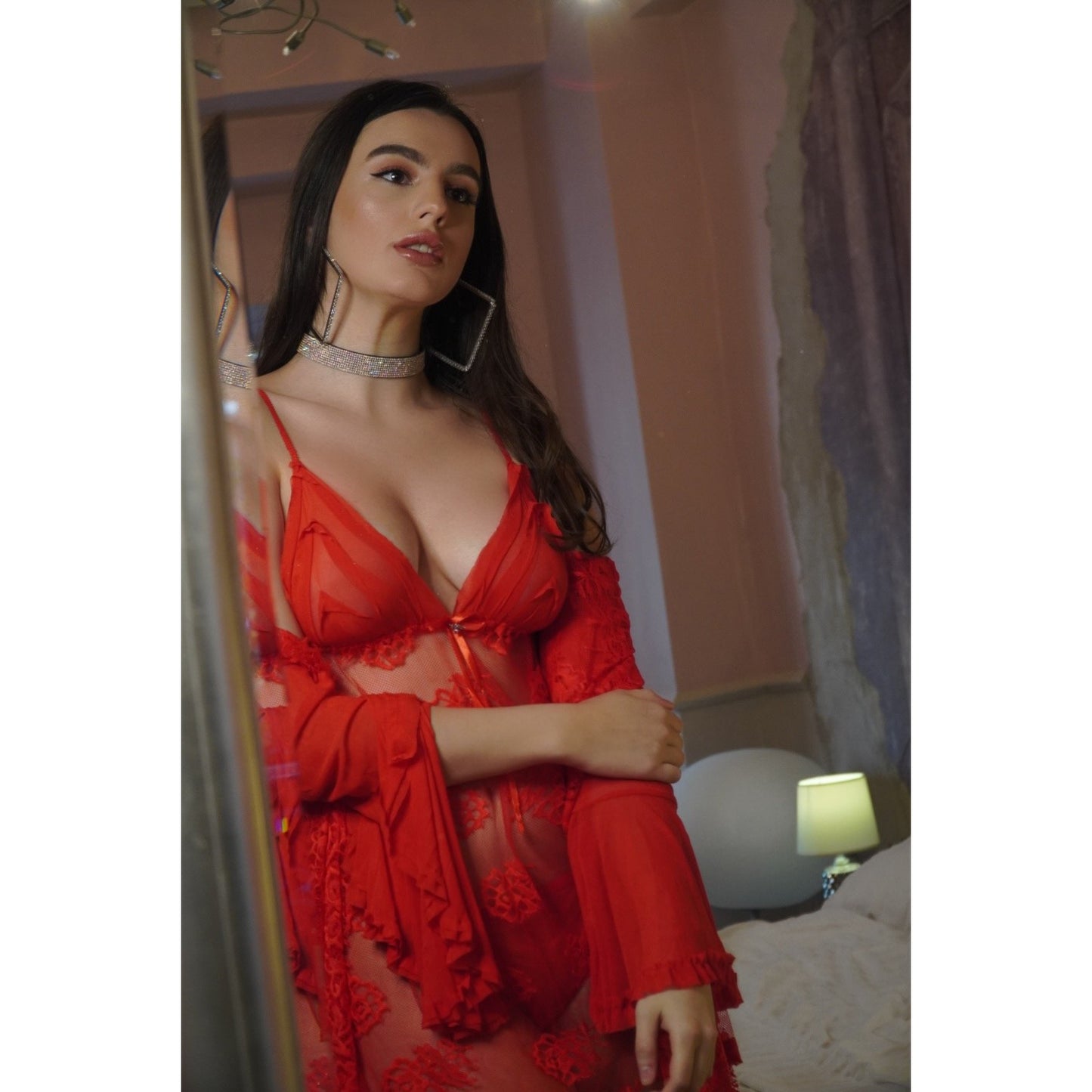 LENJERIE 'RED PASSION' -  Set lenjerie intima rosie 3 piese neglijeu+halat+slip