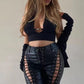 PANTALONI 'BLACK LACE'- Pantaloni piele neagra drepti cu taieturi si snururi