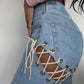 BLUGI ‘LACE ME UP’ - Blugi talie inalta cu decupaje si snururi spate
