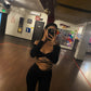 Compleu 'Cosy Babe' Negru - Compleu dama negru din doua piese crop top cu maneca lunga si pantaloni evazati cu snururi