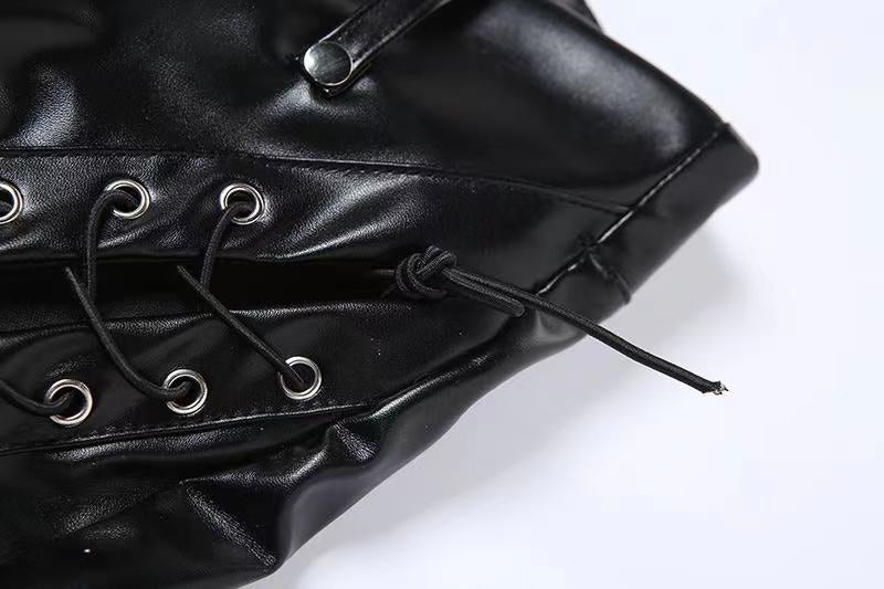 PANTALONI 'BLACK LACE'- Pantaloni piele neagra drepti cu taieturi si snururi